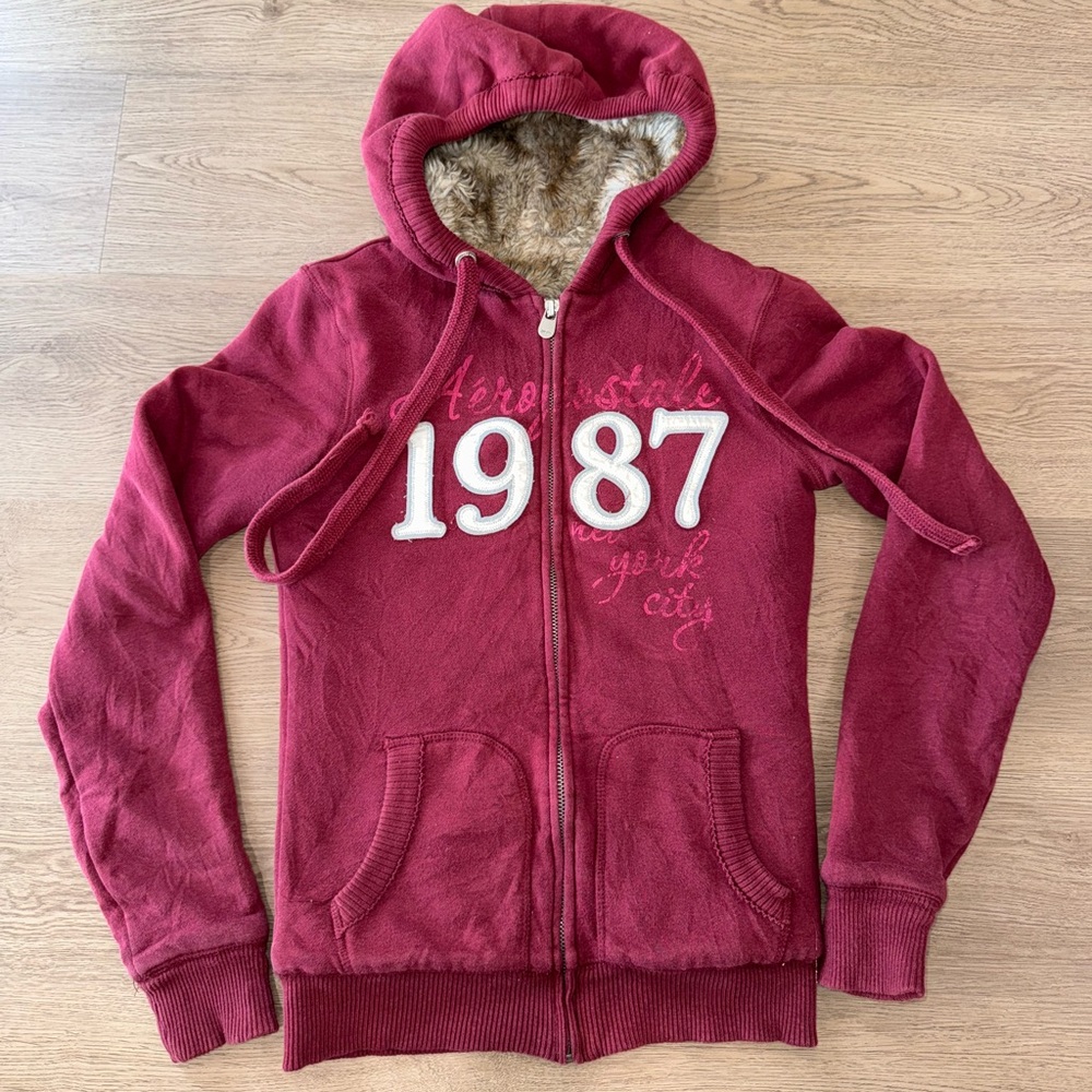 Aeropostale Y2K Vintage Burgundy Zip Up Hoodie Jacket Faux Fur Lining Size Small - Picture 2 of 15